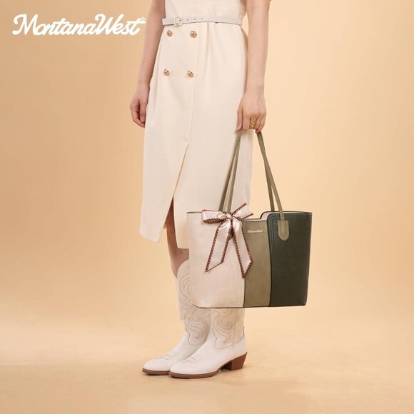 Women Beige With Green Imported Vegan Leather Medium Top Handle Satchel Tote Bag - Picture 6 of 6